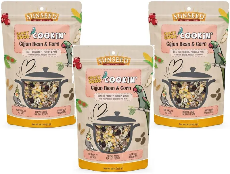 Sunseed Paquete de 3 paquetes de Cajun Bean & Corn Crazy Good Cookin' Cook-and-Serve Bird Treats, 12 onzas cada uno, para periquitos, loros y más