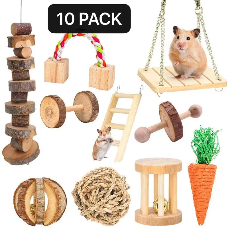 Supmaker Hamster Chew Toys, Guinea Pig Toys Natural Wooden Gerbil Rats Chinchillas Toys Accessories Dumbells Exercise Bell Roller Teeth Care Molar Toy for Birds Bunny Rabbits Gerbils