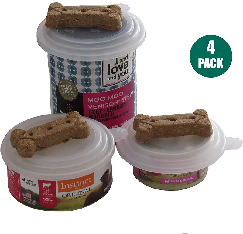 Tapas de latas de alimentos para mascotas, paquete de 4, color transparente, para comida de perros y gatos, tapa de tamaño único que se adapta a la mayoría de tamaños