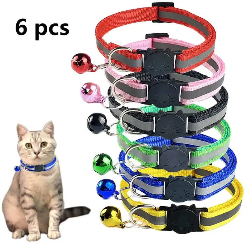 TCBOY Collares de gato de colores variados reflectantes con campana – Collares de tamaño ideal para gatos o perros pequeños (6 piezas/juego)