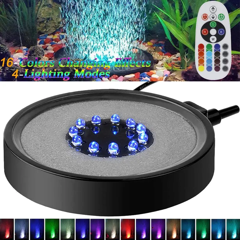 TOPBRY - Luz LED para acuario RGBW, disco de piedra de aire con control remoto, con 16 colores cambiantes, 4 efectos de iluminación para decoración de peceras