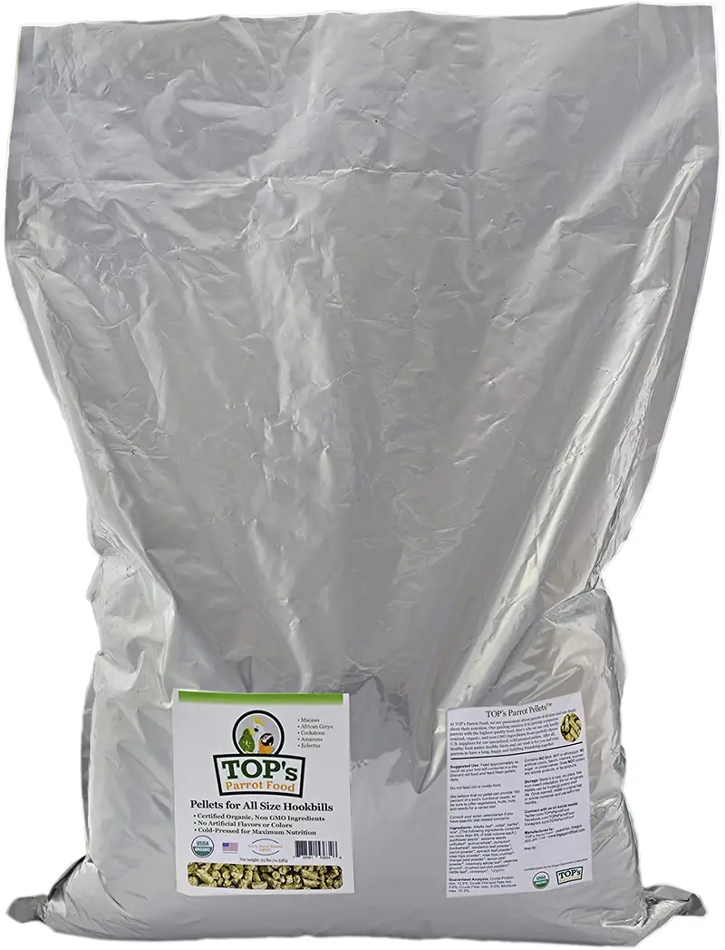 TOP's Parrot Food Pellets Hookbills, Loro pequeño, mediano y grande – Sin OGM, sin soja de maní y maíz, certificado orgánico USDA