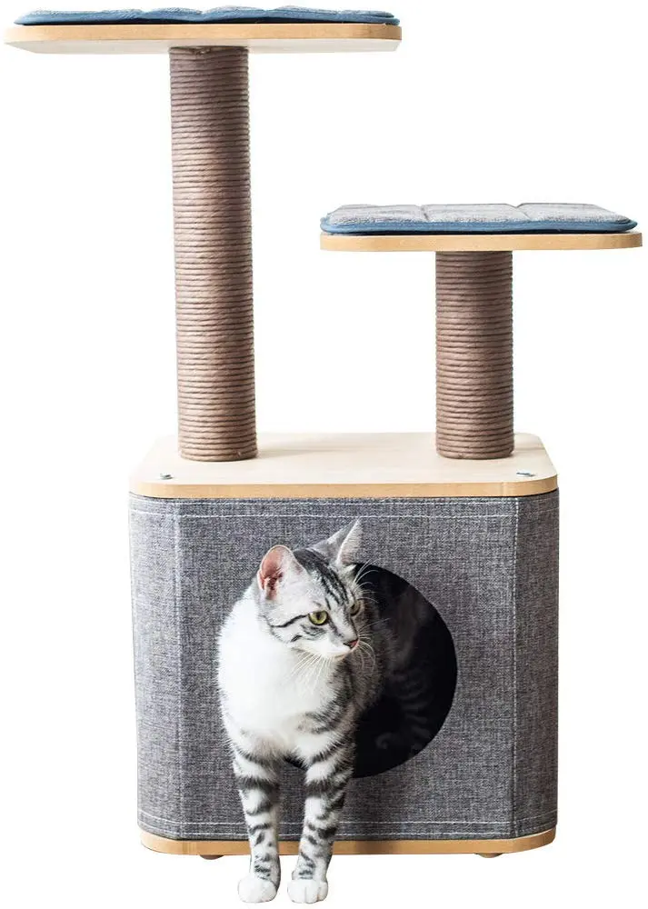 Torre de árbol para gatos con cuerda de papel cubierta de cuerda para rascar el centro de actividad para escalada, relajarse y jugar.