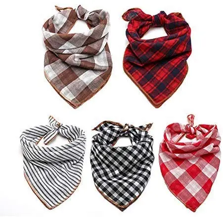 TRAVEL BUS Dog Bandana- 5pcs Washable Dog Bandanas Square Plaid Printing Dog Kerchief Set Scarf Accessories for Small to Large Dogs Cats Pets Reversible