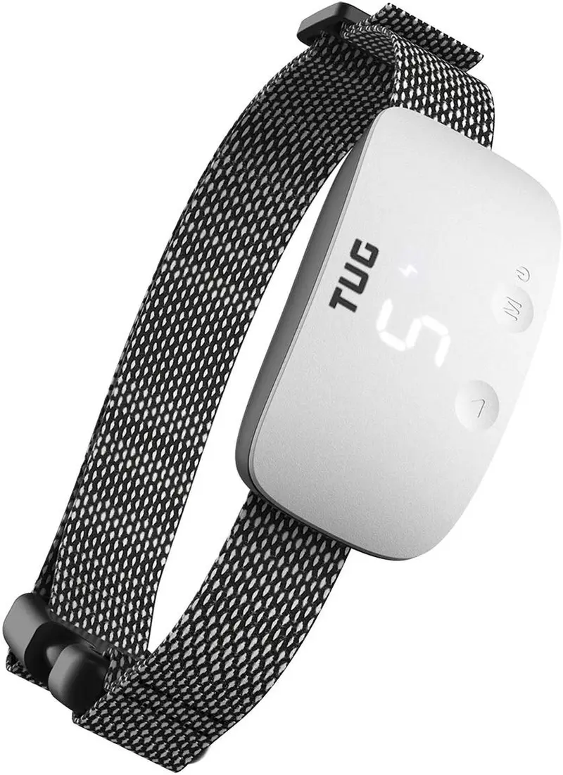 TUG Collar de corteza recargable mejorado; modos ajustables; interfaz exclusiva de fácil tacto – botones en la parte frontal del dispositivo para ajustar mientras se usa.