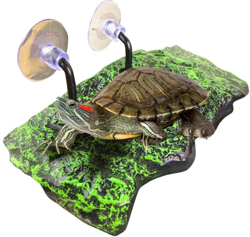 Turtle Platform for Aquarium - Floating Dock for Relaxation, Drying & Basking - Green, Rubber Foam Island Terrarium Décor - Great Spot for Heat Conduction - with 4 Suction Cups & 2 Brackets for Easy
