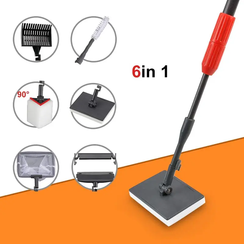Upettools - Herramienta de limpieza para acuario, 6 en 1, kit de limpieza para algas de peceras, rascador de algas, mango largo ajustable, juego de limpieza de cepillos para pecera