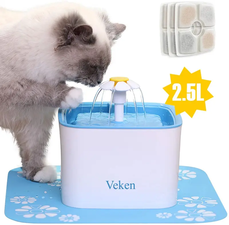 Veken Pet Fountain, 84oz/2.5L Automatic Cat Water Fountain Dog Water Dispenser with 3 Replacement Filters & 1 Silicone Mat for Cats, Dogs, Multiple Pets