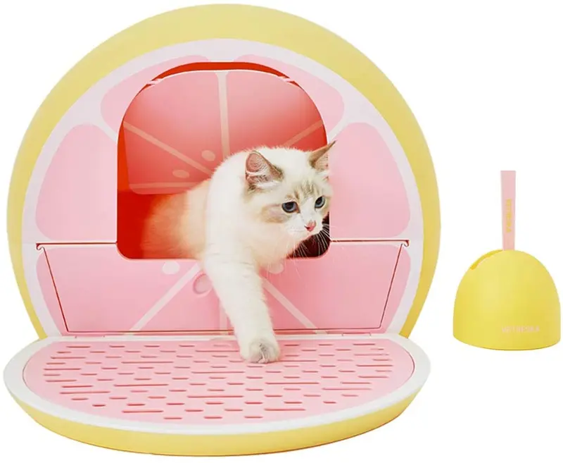 VETRESKA - Caja de arena para gatos con pala cubierta de arena para gatos con tapa, estilo frutal, pomelo rosa