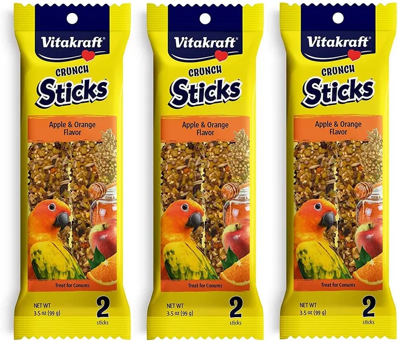 Vitakraft - Juego de 3 palillos de manzana y naranja para conuras, 2 palillos cada uno