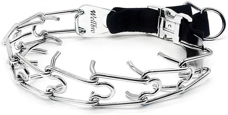Wellbro collar de entrenamiento con dientes de metal para perros grandes y medianos (Pit Bull, pastor alemán), con hebilla a presión de liberación rápida y puntas de hule, plateado y regulable