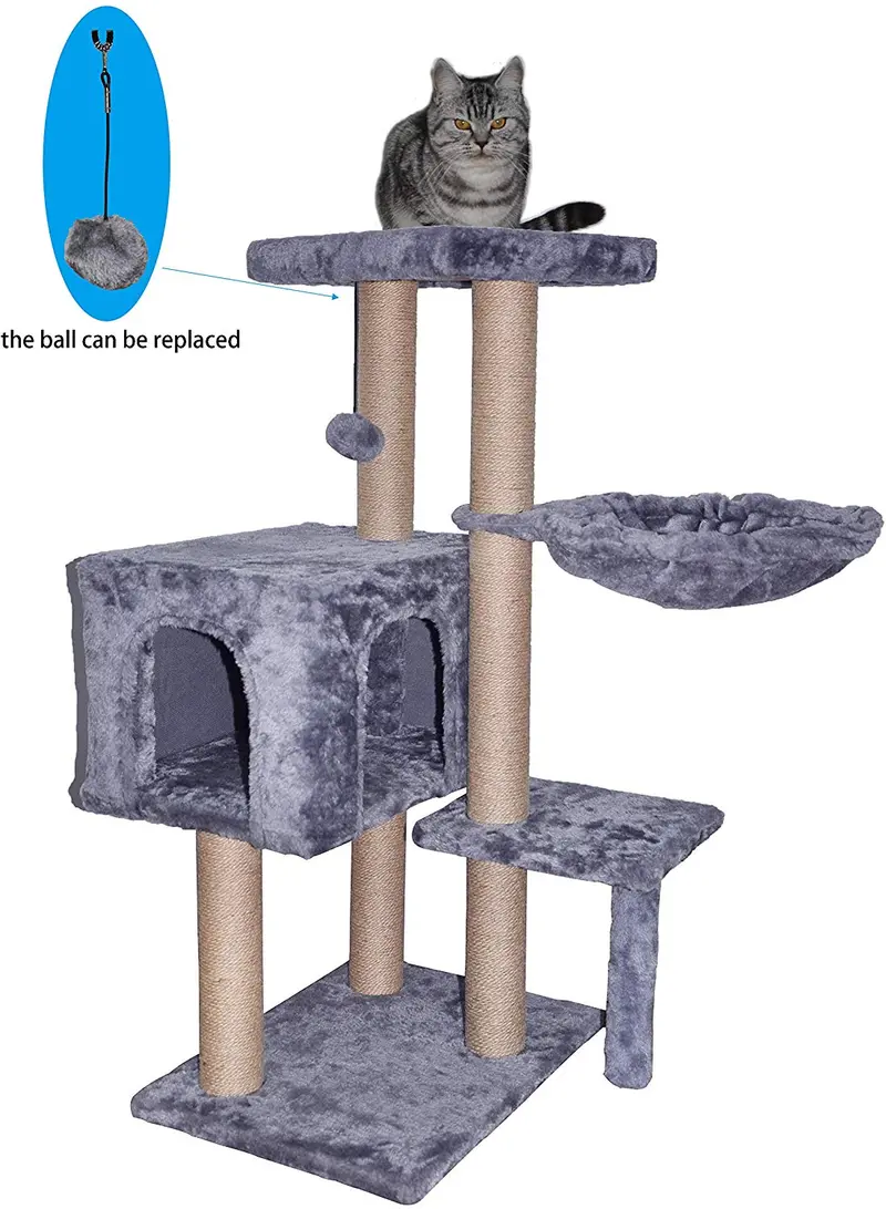 WIKI 002G - Árbol para gatos con juguete para rascar con un centro de actividades de pelota, torre para gatos, muebles con cubierta de yute, color gris