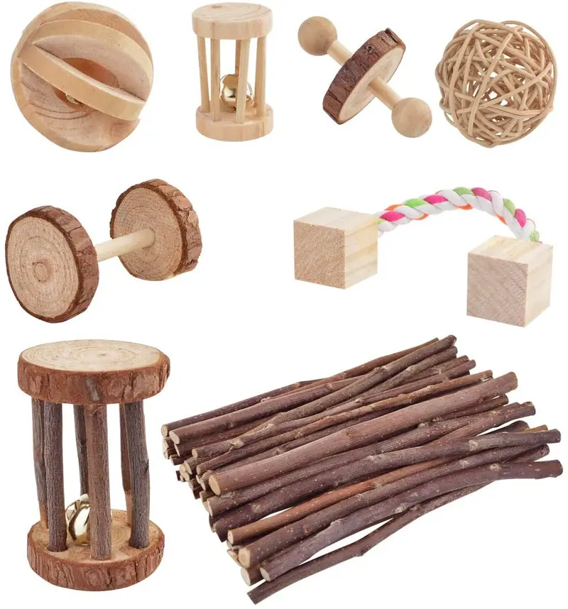 Wobe - Juego de 8 juguetes de chinchilla para ratas, conejos, conejos, gerbil y molar, de madera natural, pino de pino, para hacer ejercicios, pelotas de mascotas pequeñas