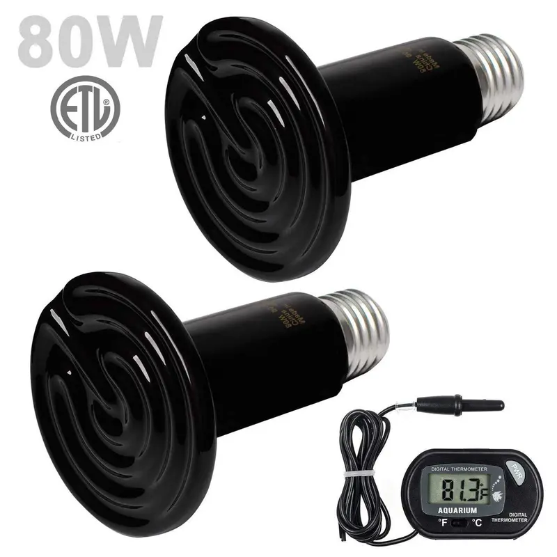 WUHOSTAM - 2 lámparas de calor de cerámica de 80 W con 1 termómetro digital, reptiles infrarrojos, lámpara de calor para mascotas Brooder Coop Chicken Lizard Turtle Snake Aquarium ETL Listed