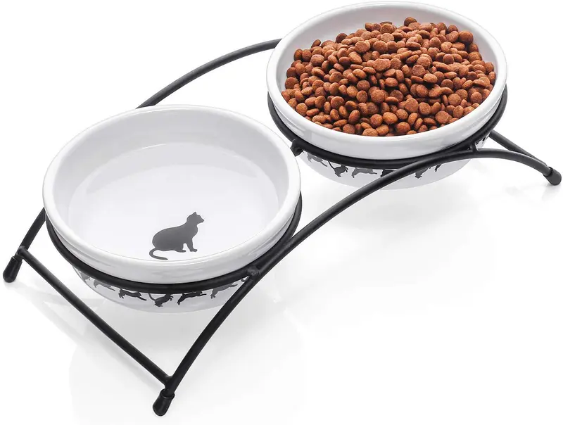 Y YHY Cuencos de cerámica para gatos y mascotas, cuencos de agua o alimentos de 312 ml, platos dobles para gatos, regalo para gato, color blanco