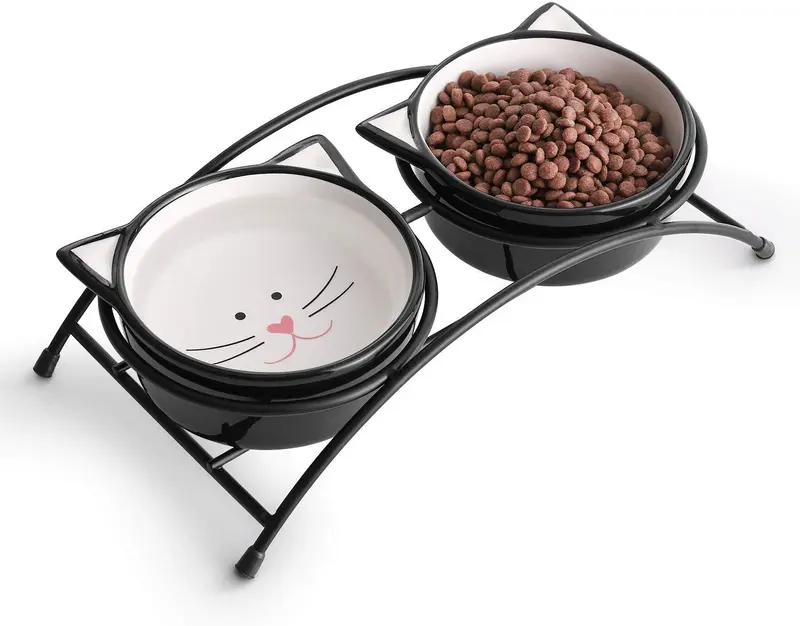 Y YHY cuencos elevados de cerámica para gatos, cuencos de agua o comida para gatos, platos dobles con soporte de metal, diseño de orejas de gato, 12 onzas