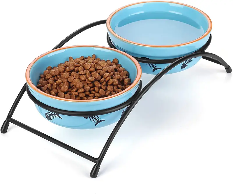 Y YHY cuencos elevados de cerámica para gatos y mascotas, 12 onzas de cuencos elevados para alimentos o agua, platos dobles para gatos, regalo para gato, diseño de hueso de pez, color azul