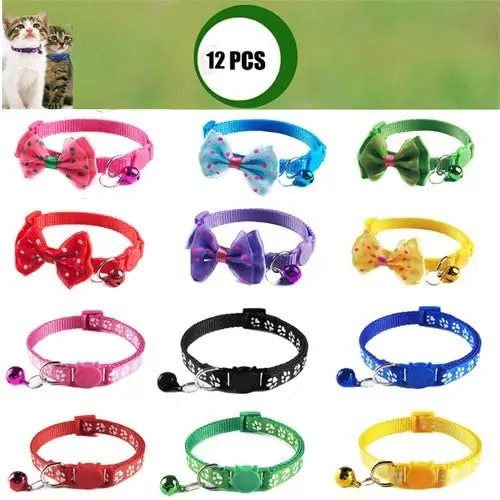 Yasma - Collar para gato con colgante de campana, 12 unidades, diseño de pajarita, de nailon, colores variados
