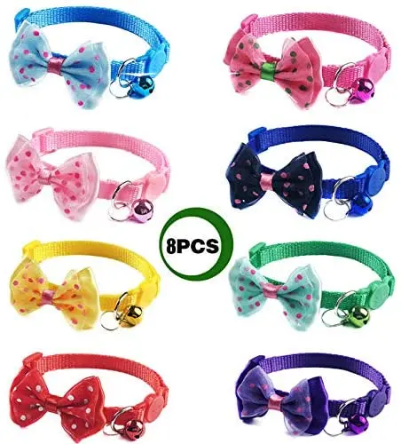 Yasma - Juego de 8 collares para gato, diseño de pajarita con cascabel y campana, de nailon, colores variados