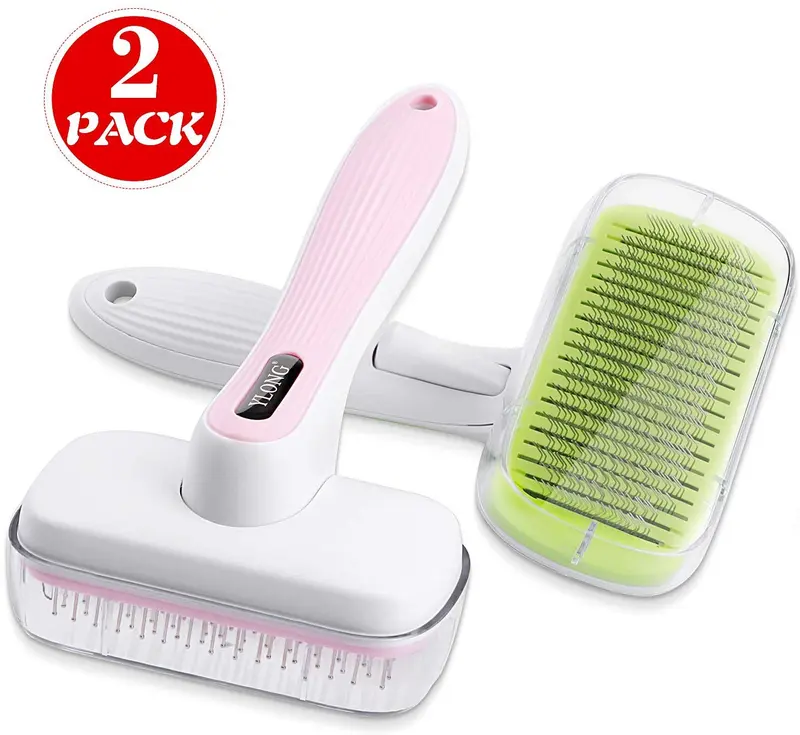 Ylong - Juego de brochas de aseo para mascotas y cepillo de masaje para perros y gatos, fácil de limpiar, herramientas de aseo para pelo largo a pelo corto (2 unidades, rosa y verde)