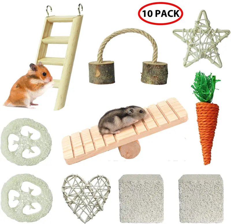 YUEPET Chinchilla Toys Guinea Pig Gerbil Rat Hamster Chew Toys Accessories Natural Wooden Seesaw Ladder Teeth Care Molar Toy for Bunny Rabbits Gerbils (Pack of 10)