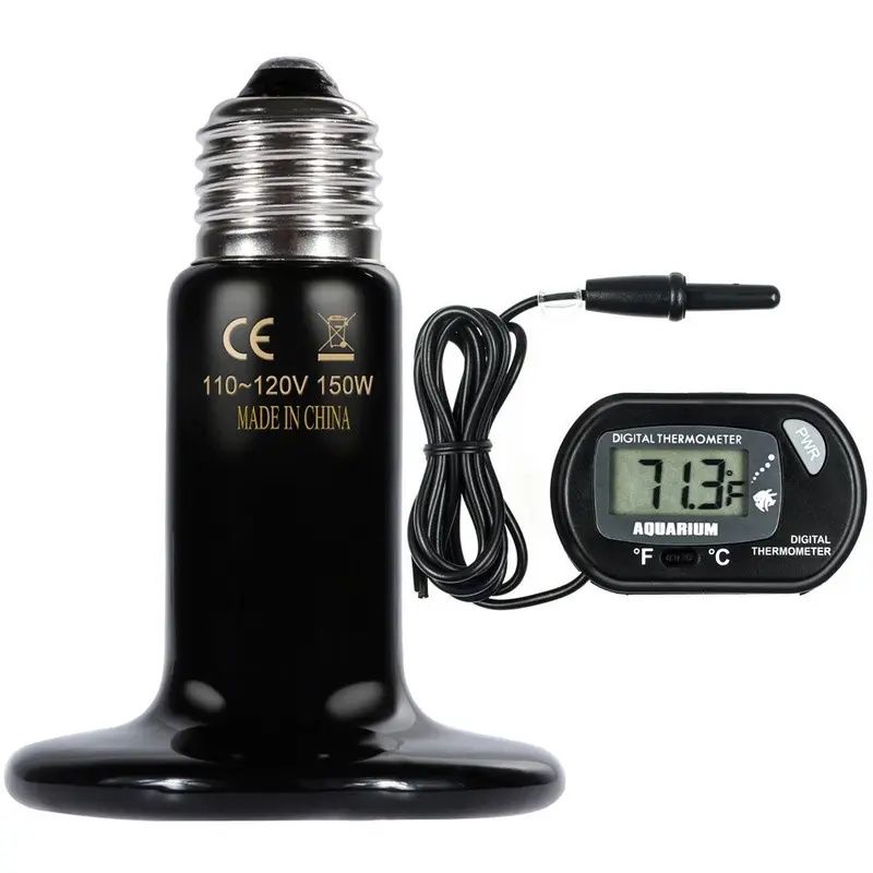 Zacro Lámpara calentadora para reptiles de 150W con un termómetro digital, calefacción por infrarrojos de cerámica, lámparas no emisoras de luz 110V (Negro), Negro