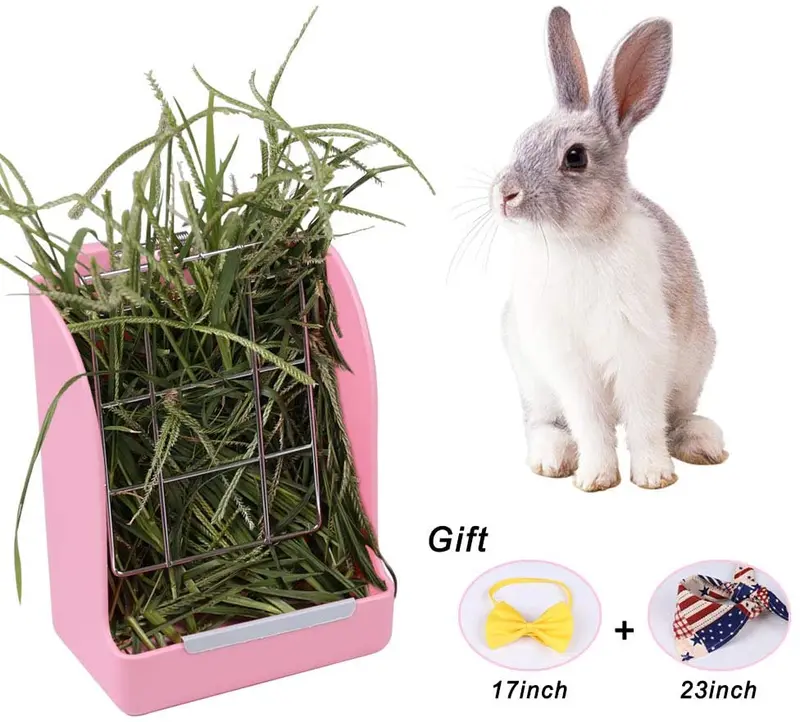 Zdada - Comedero de conejo para interiores y exteriores, color rosa, comedero de heno para animales pequeños con el regalo de 1 toalla triangular y 1 pajarita