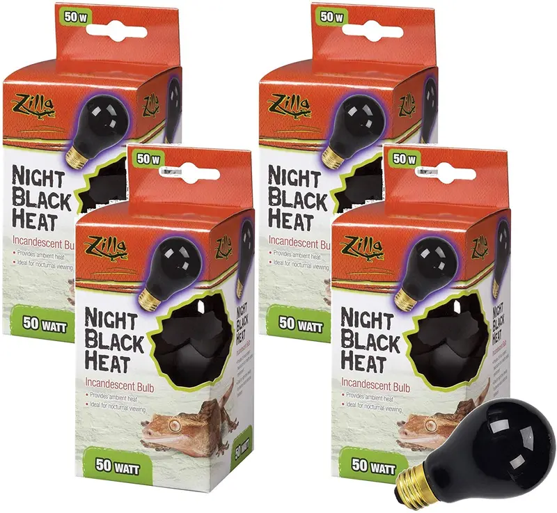 Zilla 4 Pack de Reptiles Terrario Lámpara de calor Incandescente Bombillas, Noche Negro, 50W